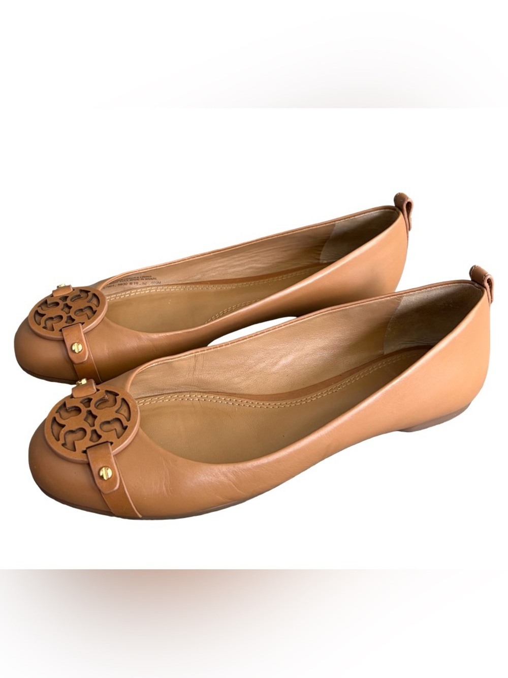 Tory Burch Tan Leather Gabriel Ballet Flat Shoes Tan Logo Medallion Size 6.5